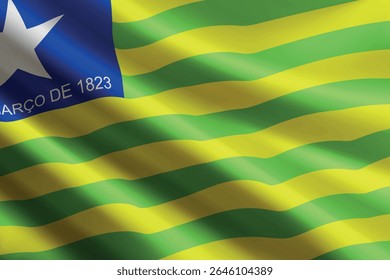 Bandeira do Piauí balançando ao vento, textura de seda detalhada e realista. Estado do Brasil
