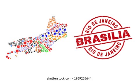 Piaui State map collage and dirty Rio De Janeiro Brasilia red round stamp seal. Rio De Janeiro Brasilia seal uses vector lines and arcs. Piaui State map collage contains helmets, houses, wrenches,