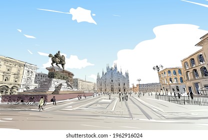 Piazza del Duomo. Milan Cathedral. Victor Emanuel II Gallery. Hand drawn sketch. Vector illustration.