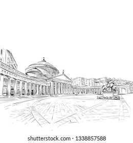 Piazza del Plebiscito. Naples. Italy. Hand drawn landmark sketch. Vector illustration.