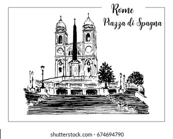 Piazza di Spagna or Spanish Steps. Rome architectural symbol. Beautiful hand drawn vector sketch illustration. Italy. For prints, textile, advertising, poster, label, City panorama, tourism, postcard