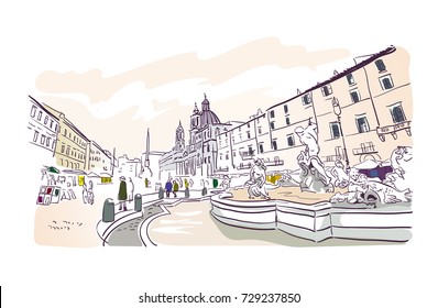 Piazza Navona Rome vector illustration Europe tourism card