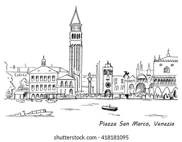 Piazza San Marco with Campanile and Doge Palace sketch hand drawn vector illustration. Venice, Italy