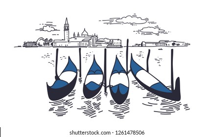 Esbozo en la Piazza San Marco y en el Palacio Doge. Ilustración vectorial hecha a mano en Venecia. Góndolas flotantes en el canal. Dibujo de lápiz de tinta negra. La arquitectura de la ciudad. Composición gráfica de Cityscape. Tarjeta postal de viaje