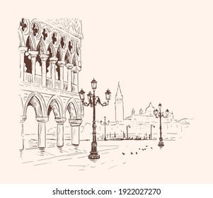 Piazza San Marco, Palacio de Doge en Venecia, Italia. Dibujo manual de la ilustración vectorial. Romántico paisaje urbano. Concepto de turismo. punto de referencia de Venecia. Diseño de época para la impresión de camisetas, postal, póster