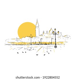 Piazza San Marco, Grand Canal, San Giorgio Maggiore church. Sunset in Venice, Italy. Hand drawn sketch vector illustration. Romantic cityscape. landmark of Venice. Design for print, postcard, poster