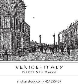 Piazza San Marco in Venice, Italy. Black and white vector illustration in engraving style.
EPS 10. Easy editable image. Result of Auto-Trace.