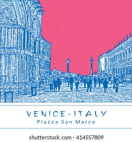 Piazza San Marco in Venice, Italy. Vector illustration in engraving style. Blue and pink colors.
EPS 10. Easy editable image. Result of Auto-Trace.