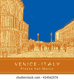 Piazza San Marco in Venice, Italy. Vector illustration in engraving style. Blue and orange colors.
EPS 10. Easy editable image. Result of Auto-Trace.
