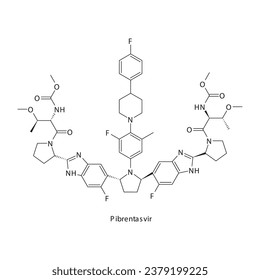 Estructura molecular esquelética plana de Pibrentasvir Inhibidor de la proteasa antival, NS5A fármaco utilizado en el tratamiento de la hepatitis C. Diagrama científico de ilustraciones vectoriales.