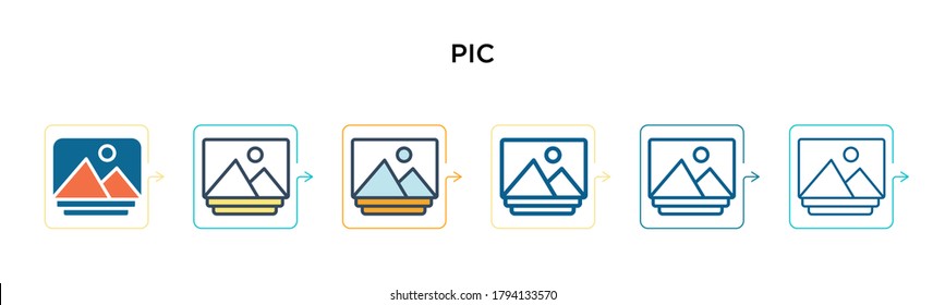 Pic vector icon in 6 different modern styles. Black, two colored pic icons designed in filled, outline, line and stroke style. Vector illustration can be used for web, mobile, ui