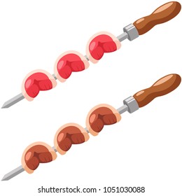 Picanha on a skewer raw and grilled. Vector cartoon illustration of a traditional Brazilian barbecue from meat beef. Food isolated on a white background.