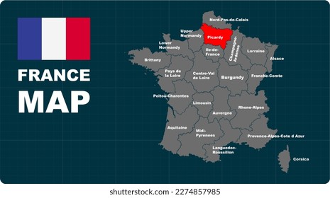 Picardy Map, Picardy red highlighted in 🇫🇷 FANCE 🇫🇷 map, flat design illustration vector