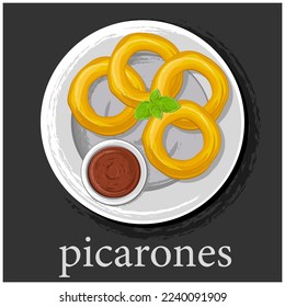 Picarones. Dessert. Pumpkin donuts Picarones, dessert, Latin American cuisine. The national cuisine of Peru. Illustration of food, on a black background with the name of the dish.