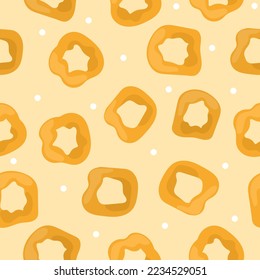 Picarones pumpkin donuts, dessert, latin american cuisine. Seamless pattern with donuts on a yellow background.