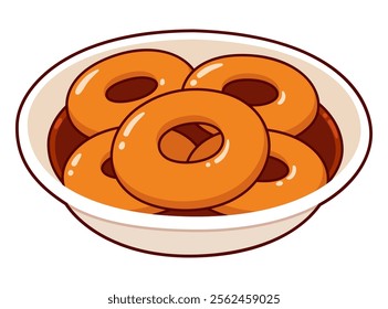 Picarones, traditional Chilean and Peruvian food drawing. Deep fried pumpkin donuts in chancaca (panela) syrup. Simple cartoon vector illustration.