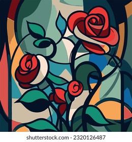 Picasso style red roses poly, abstract art, wall painting