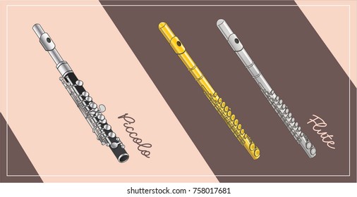  Piccolo and Flutes vector with Pastel background sets. Classic Instruments