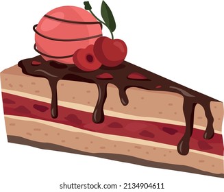 Pice of cake with cherry and ice cream