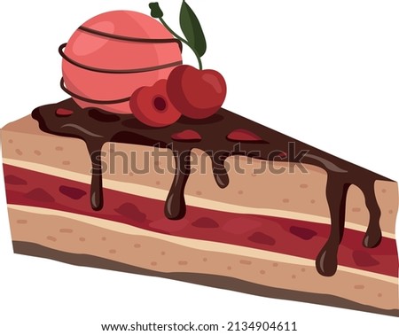 Pice of cake with cherry and ice cream