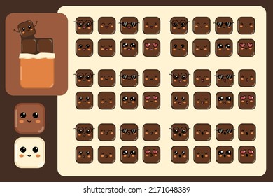 Pice Of Chocolate Bar Cute Kawaii Character, Different Expressions Sweet Cube Face, Happy Smiling Kiss Surprised Sqiunt Kawaii Avatar Icons Milk Dark And White Chocolate Vector Illustration