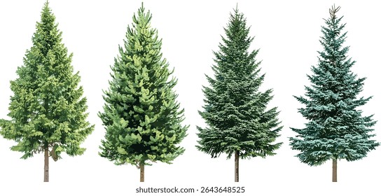 Picea Abies spruce and Colorado blue Pungens fir tree isolated, evergreen conifer, medium small size, Pinaceae family, vector illustration, outdoor forest flora, seasonal greenery.