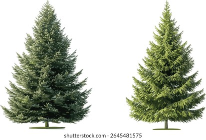 Picea mariana black spruce pair with Larix laricina larch, high sun lighting, on transparent background, vector illustration, forest conservation graphic, decorative arboreal element