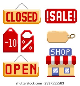 Pichel art shopping icon set - editable vector template. Pichel shop or store. Retro vector 8-bit hame style computer