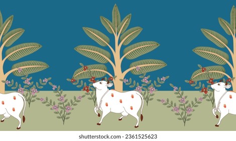 Pichwai cow border pattern , seamless pattern , Indian pattern print , seamless border indian 