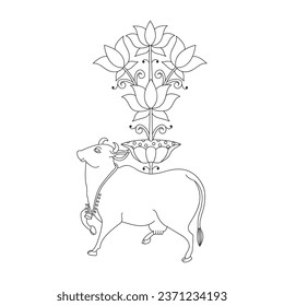 Pichwai cow and lotus flower drawing , for embriodery on fabrics , coloring page , logo , mdf cutouts 