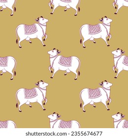 Pichwai pattern , seamless , pichwai cow pattern isolated  on mustard  yellow background , block print style pattern 