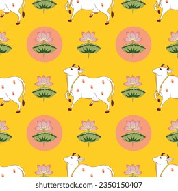 Pichwai pattern , seamless , pichwai cow and lotus pattern isolated  on yellow background 