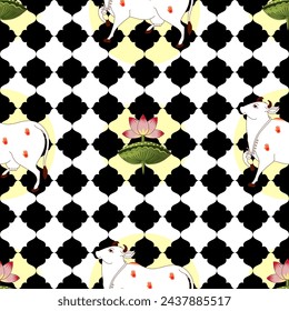 Pichwai pattern , seamless , pichwai cow and lotus pattern , retro style ,isolated on black and white checkered background