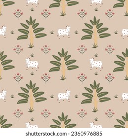 Pichwai seamless pattern, indian pattern , pichwai cow print , cow with tree pattern