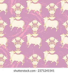 Pichwai seamless pattern, indian pattern , pichwai cow print , cow with tree pattern
