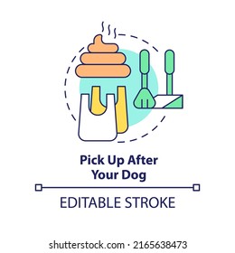 Pick up after your dog concept icon. Pup excrements. Road trip with pets advice abstract idea thin line illustration. Isolated outline drawing. Editable stroke. Arial, Myriad Pro-Bold fonts used
