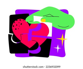 Recoge un corazón roto - colorida ilustración de diseño plano con elementos lineales. Composición de color con rompecabezas románticos y mano que ayuda a trabajar en las relaciones. idea de San Valentín