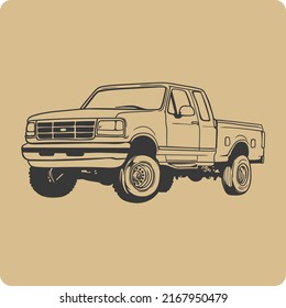 pick up car line art illustration design with 4 big wheels