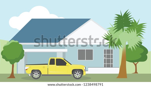 Pick up car parking alone in house with tree and\
nature of country.