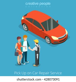 Pick up Car from repair vehicle service concept. Serviceman giving key to customer owner. Flat 3d isometry isometric style web site app icon set concept vector illustration. Creative people collection