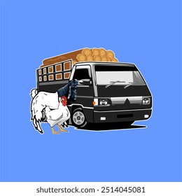 pick up car vector, transporting wood with additional goats and chickens on the side, vector illustration