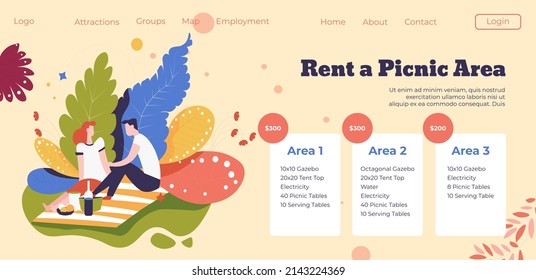 Pick and choose picnic area for rent, website page with proposals for people. Summer or spring weekend and rest, spending time outdoors on nature. Man and woman eating out, vector in flat style