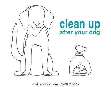 Pick Up Dog Poo In Plastic Bag Isolated On White Background. Warning Clean Up Waste, Feces, Pet Dung. Street Banner, Icon, Information Sign. Drawn Continuous Line Vector Illustration One Line Art.