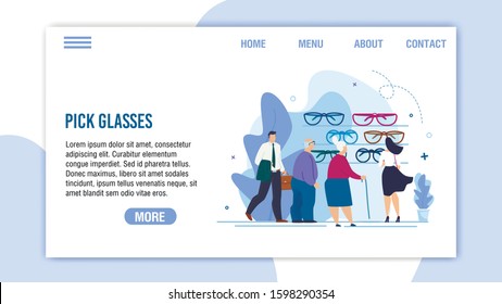 Pick Glasses Service for Pensioner and Adults Flat Landing Page. Cartoon People Characters Choosing Eyewear. Myopia and Hyperopia Correction. Ophthalmology Internet Store. Vector Illustration