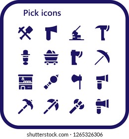  pick icon set. 16 filled pick icons. Simple modern icons about  - Mine, Axe, Color picker, Pick, Claw machine, Bladder pipe
