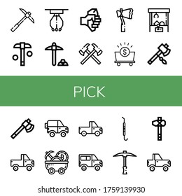 pick icon set. Collection of Pickaxe, Mining, Claw machine, Axe, Axes, Mine, Jeep, Mine cart, Pickup truck, Pick icons