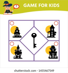 Pick up the key to the lock. Educational matching children game with answer. Halloween theme. Preschool worksheet activity. Vector illustration