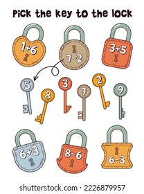 Pick the key to the lock. Educational math game for children. Cartoon vector illustration. Isolated on white background