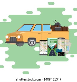 Pick up with luggage and map with smartphone and guide book vector illustration graphic design