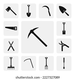 Pick mattock flat web icon. Simple garden mattock sign web icon silhouette. Pick instrument or pickaxe solid black icon vector design. Pickaxe mattock logo. Garden tools concept icons set